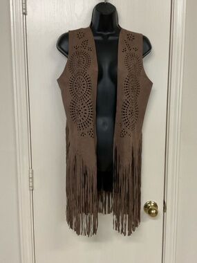 Brown Suede Fringe Vest with Laser-Cut Detail